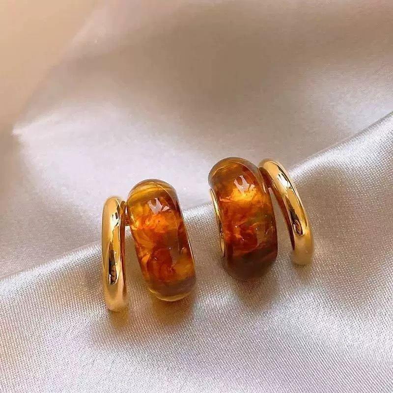 2024 Retro Amber Brown Women's Stud Earrings: High-End, Light Luxury, Niche Hong Kong Style