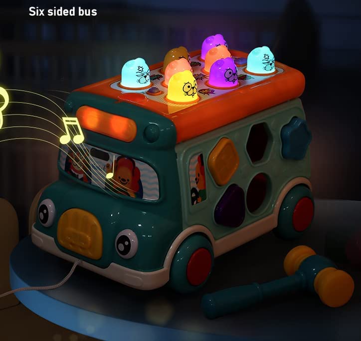 QuiExact Educational Bus Music Shape Multifunctional Pull Preschool Entry for Girls and Boys Toy, Car, 300-Song Bus, Mole-Catching Game, Recognition,