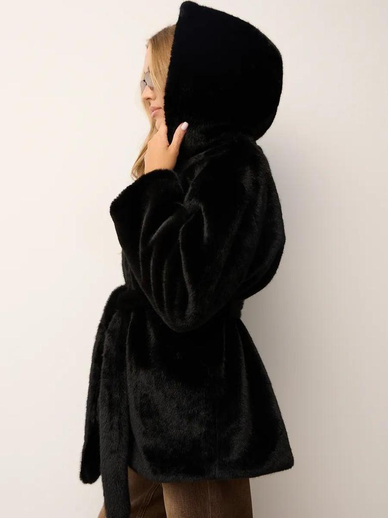 Women's Mid-Length Hooded Eco-Friendly Faux Mink Fur Coat with Belt