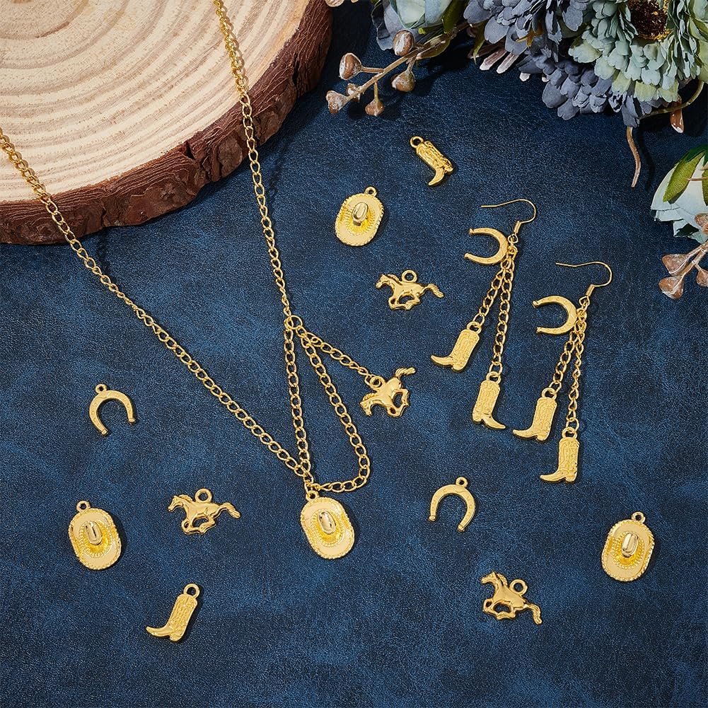 UNICRAFTALE 80Pcs Western Cowboy Charms 4 Styles Alloy Tibetan Style Pendants Gold Plated Horse Hat Charms Metal Cowboy Boot Charms Necklace