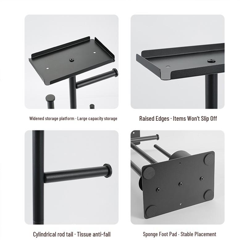Floor-standing Bathroom Shelf with Tissue Roll Holder, Toilet Brush, and Storage for Perfume and Shower Gel.