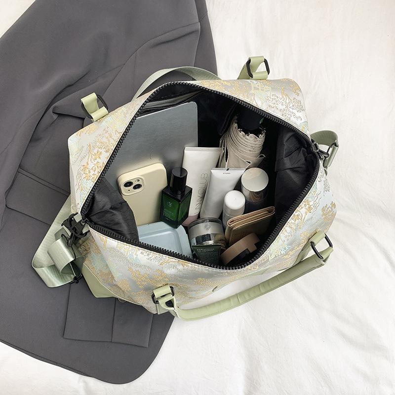 Bolso de mano para viaje de ocio Guofeng para mujer, gran capacidad, estilo chino nuevo, con estampado de flores oscuras, bolso de hombro para equipaje, bolsa de almacenamiento portátil para salir
