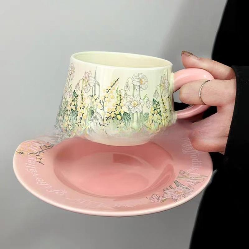 Kontrastfarben Ölmalerei Rosa Windspiel Blume Kaffeetasse Nachmittagstee Tasse Retro Keramiktassen- und Untertassenset Mädchen Souvenir Geschenk