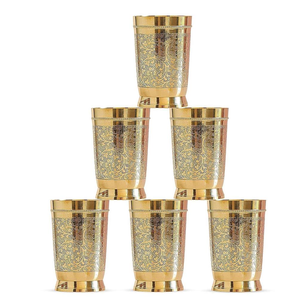Pure Brass Glass Tumbler with Embossed Design, for Drinking Serving Water, Yoga & Ayurveda, Volume-300 ML, Set of 6
