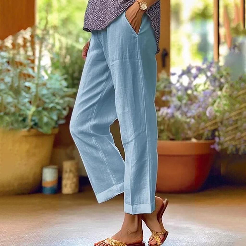 Women's Cotton Linen Trousers Elastic Waist Wide Leg Pants Casual Tracksuit Bottom Joggers
