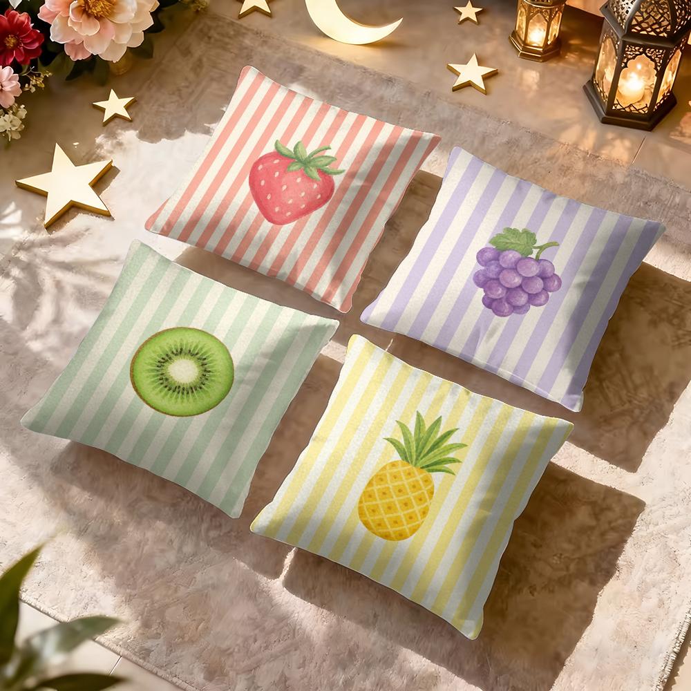 Striped Watercolor Fruits Cushion Cover Soft Short Plush Pillow Cover Smooth Cozy Texture Aesthetic Cushion Case Home Decor