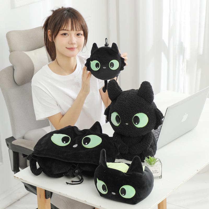 Black Cat Series U-Shaped Foam Particle Neck Pillow with Hood for Office Nap and Travel