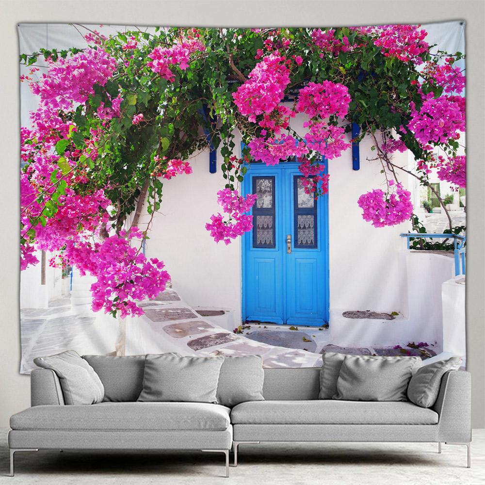 Griechenland Stadt Hippie Wandteppich Frühlingsblumen Straße Wandteppich Haus Hof Terrasse Wandbehang Kunst Wohnzimmer Wandmalerei Wandteppich