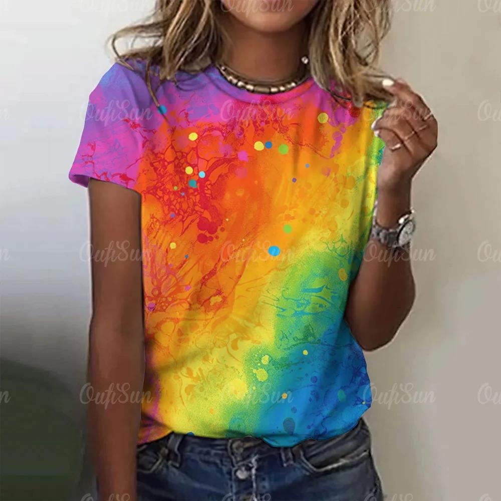 New Glitter Sparkling T-shirt Rainbow Color Printing Fashion T-shirt Short-sleeved Casual Beach Printing Top