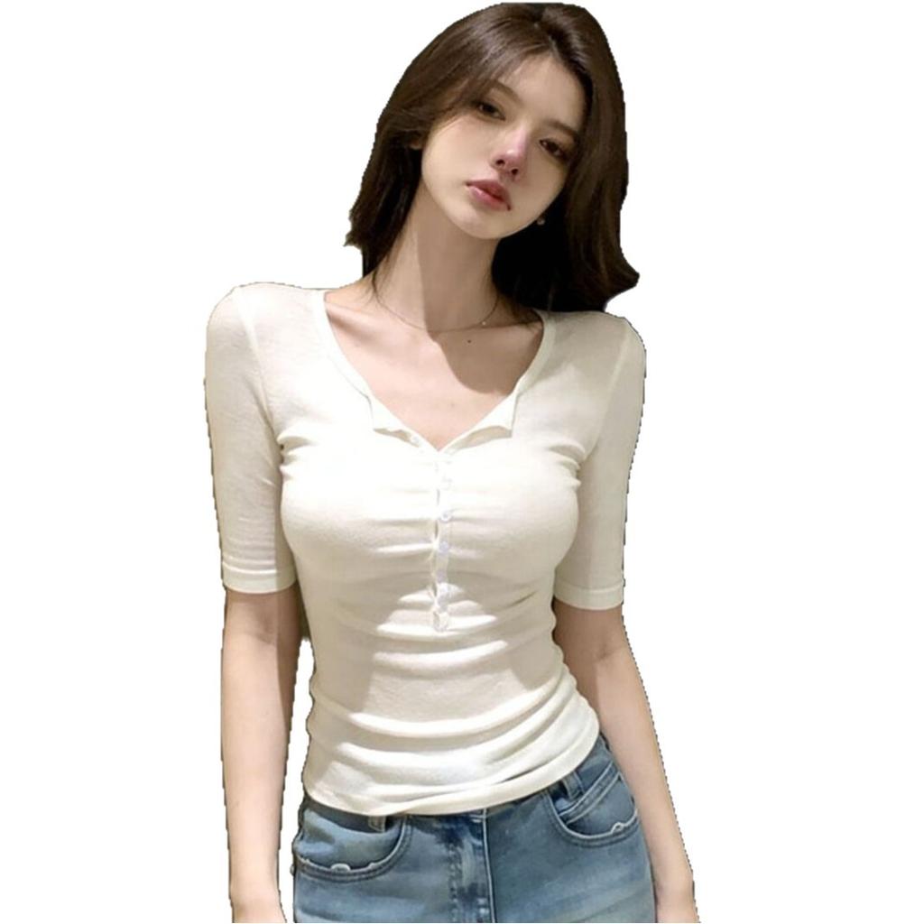 [Keren Cotton Modal] American Spice Girl Five-quarter Sleeve T-Shirt Women's Summer Wear Solid Color Single-breasted Top
