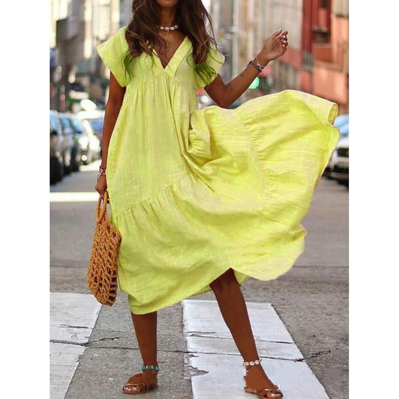 Summer Dress Women Casual Short Sleeve Dresses for Women V Neck Woman Dress A-Line Ruffles Sundress