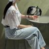 New Arrivals Open Run Women Rayon Sheer Bow Decor Short Sleeve Blouse