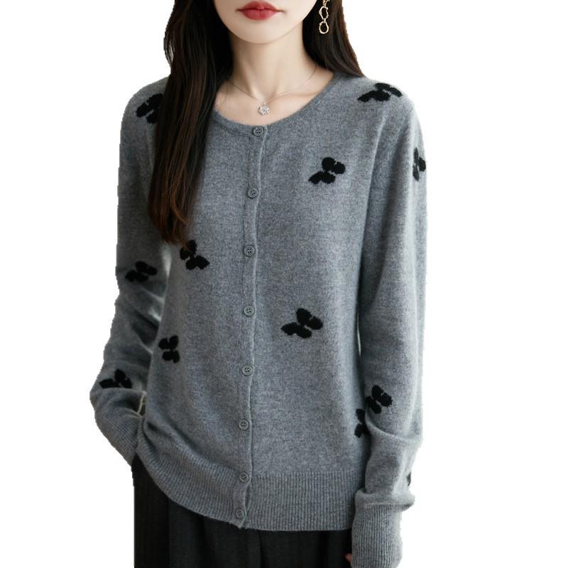 2025 Stylish Bow Jacquard Wool Knit Cardigan - Round Neck, Single-Breasted Thin Sweater Coat