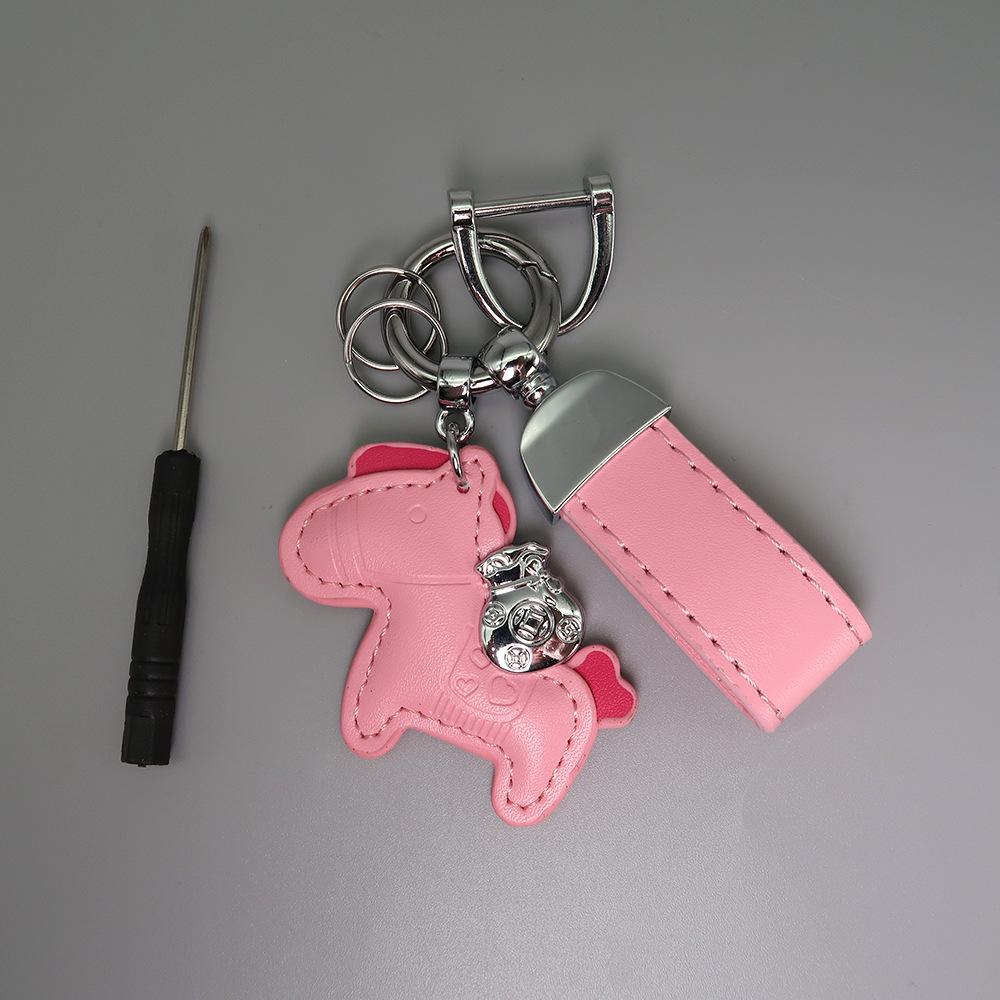 Instant Wealth Leather Keychain with Cartoon Pony Pendant for Couples – Trendy Bag and Car Accessory