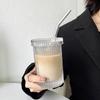 OLOEY Aesthetic Vertical Stripe Glass Beverage Cup with Curved Straw