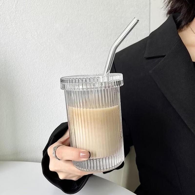 OLOEY Aesthetic Vertical Stripe Glass Beverage Cup with Curved Straw