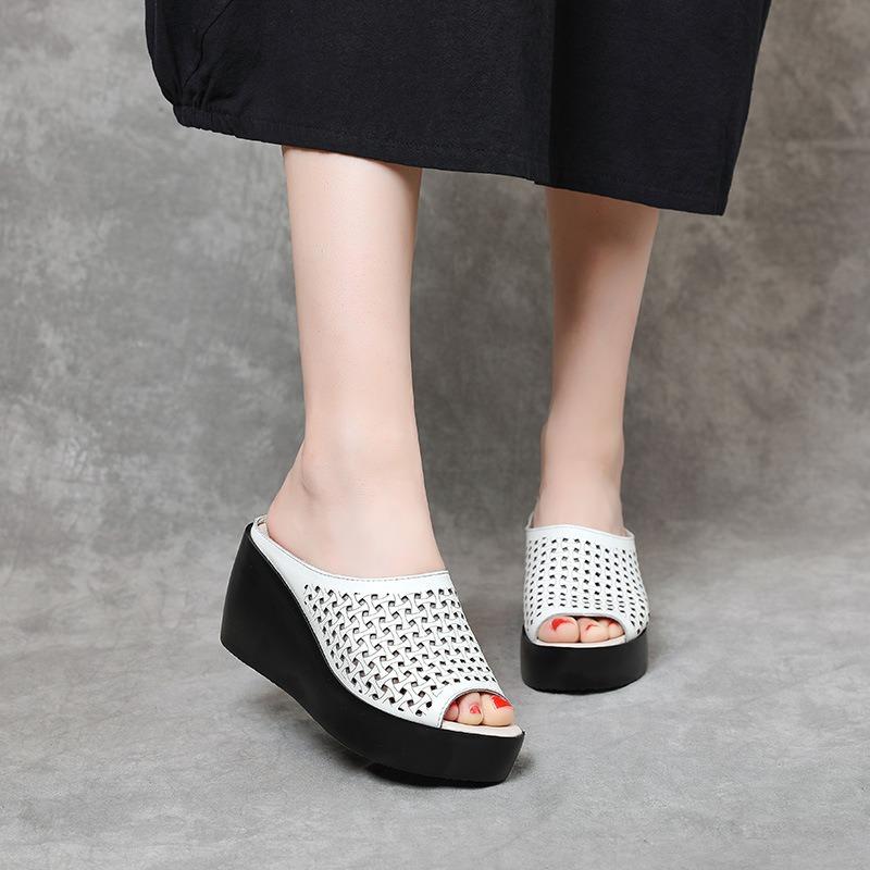 Soft cowhide wedge slippers women's thick-bottomed waterproof table summer new wear high-heeled fish mouth hollow sandals women