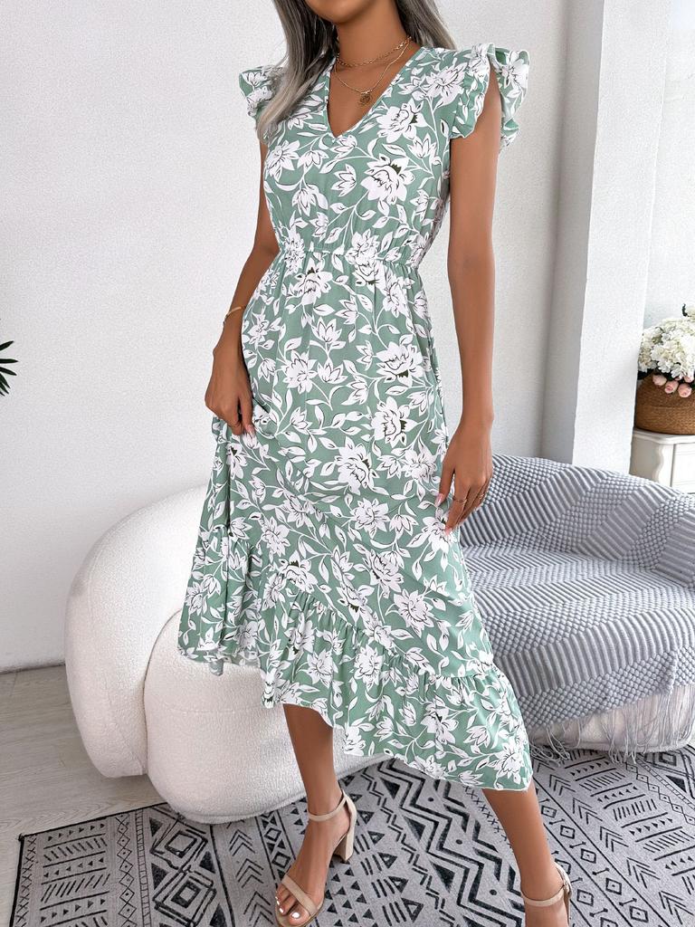 Women Casual Floral Elastic Waist Ruffled Vacation A Line Long Chiffon Dress