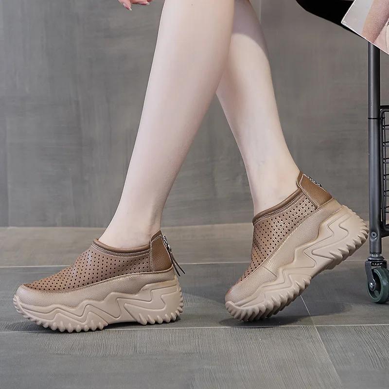 Fashion High quality 7CM Genuine Leather Shoes Sandals Platform Wedge Women Chunky Sneakers Ladies Casual Hollow Summer Vulcanized shoes