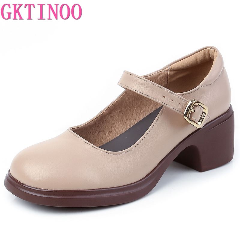 Fashion GKTINOO 2025 Spring Autumn Shoes Woman Genuine Leather Women Pumps Lady Round Toe Platform Shallow Mouth High Heel Women's Shoes