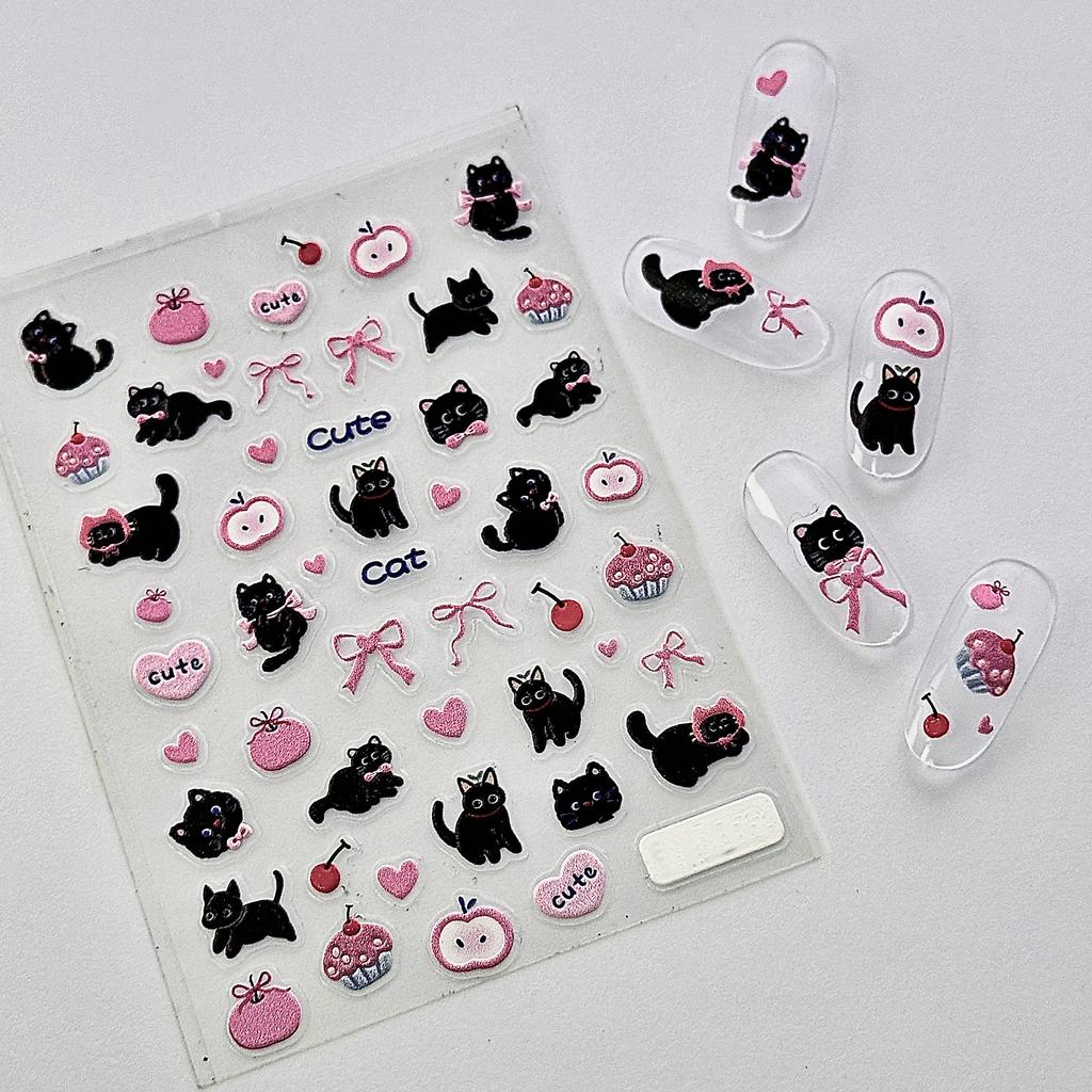 5D Embossed Black Cat & Pink Bow Themed Nail Decals - Sweet Cupcake and Apple Aesthetics, for Cat Lovers- Adorable Accessorize for Nails