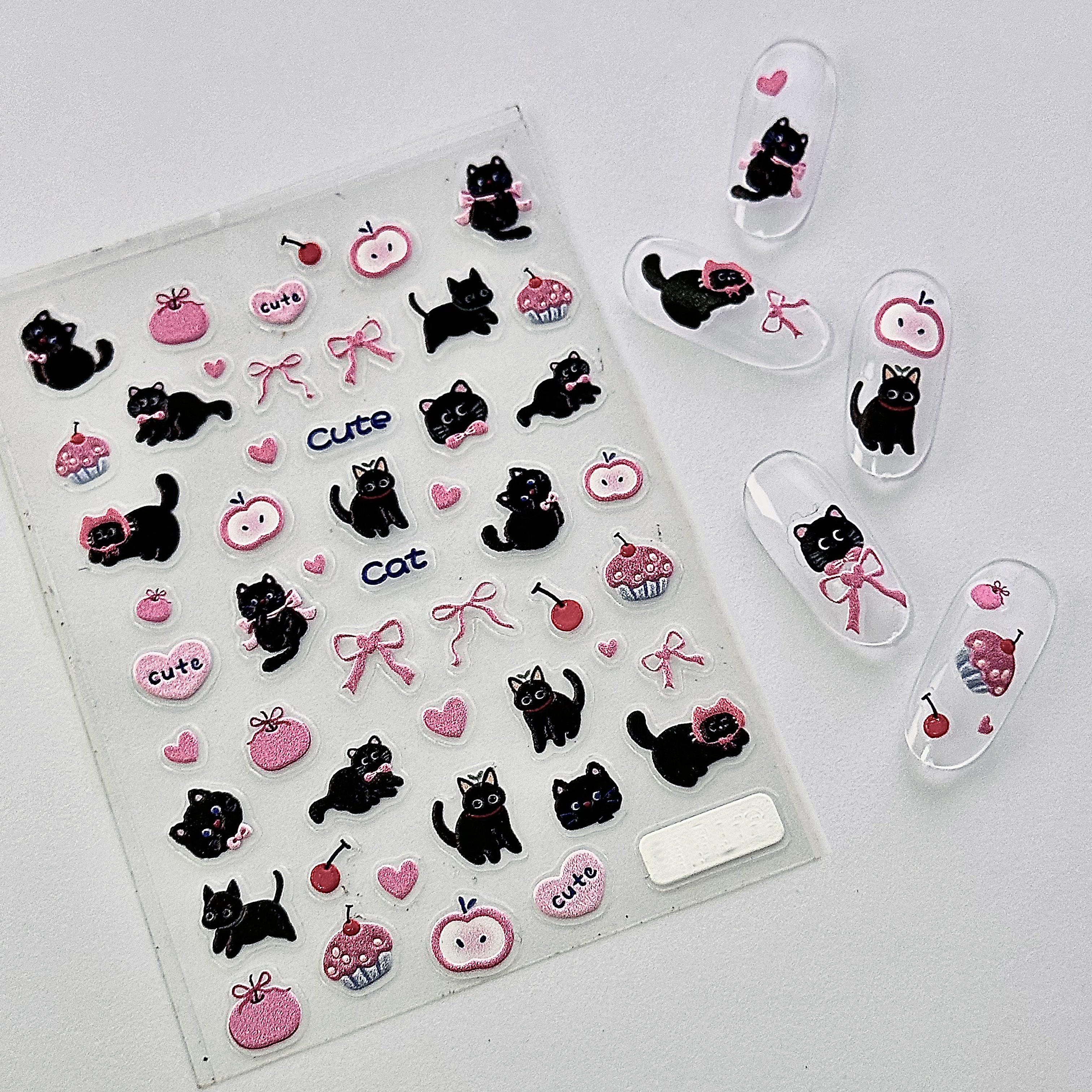 

5D Тисненые Наклейки для Ногтей на Тему Черного Кота и Розового Бантика - Эстетика Милого Кекса и Яблока, для любителей кошек - Очаровательный Аксессуар для Ногтей