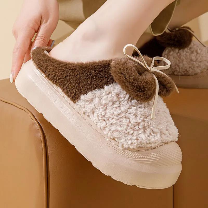 WTEMPO Soft Plush Women's Autumn Winter Bow Slippers Couple Thick Heel Non-slip Indoor Warm Cotton Slippers