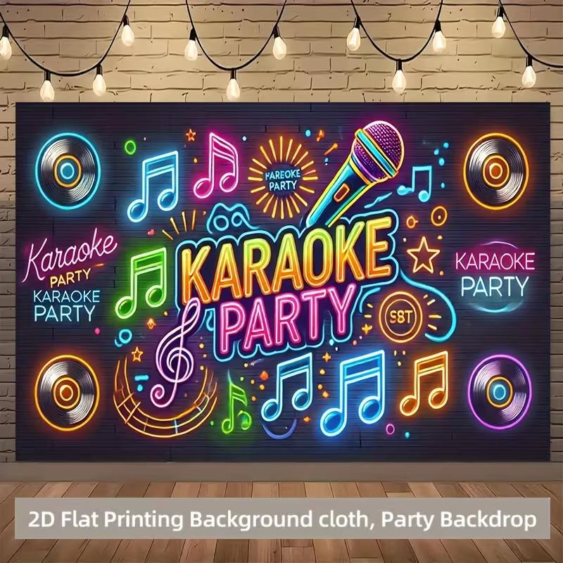 Karaoke Party Photo Booth Background, Neon Microphone & Vinyl Record Backdrop for Themed Events