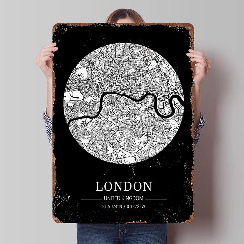 London City Map Tin Plaque Poster Customized Wall Art Retro Vintage Metal Signs for Man Cave Gaming Room Decoration At Home Cozy