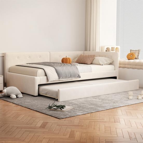 Daybed 90x200cm with Pull-out Bed Sofa Bed Single (No Mattress) Minimalist Styling Beige Gray Double Rollaway