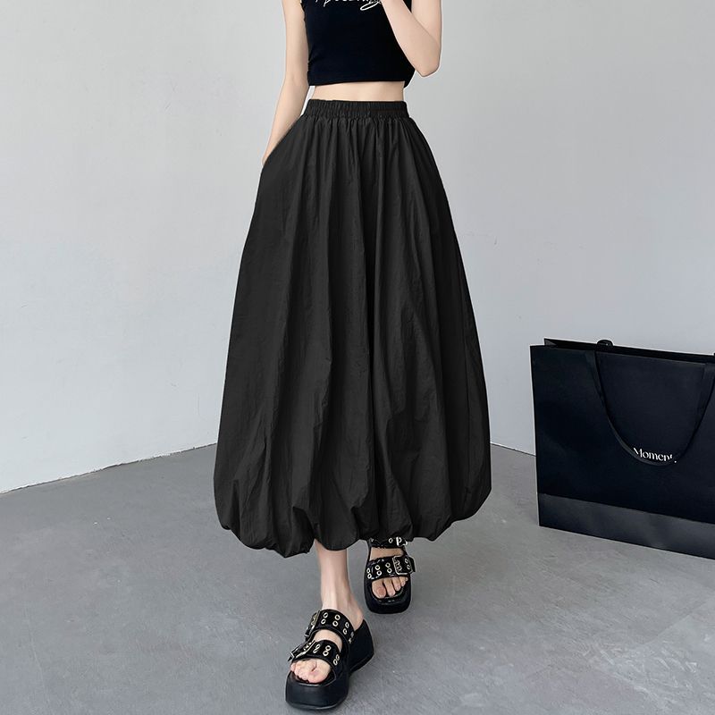 Letnia spódnica midi damska w kolorze khaki w stylu amerykańskim, z elastyczną talią i bufiastymi rękawami, w kształcie latarenki, swobodna, sportowa, o kroju parasola