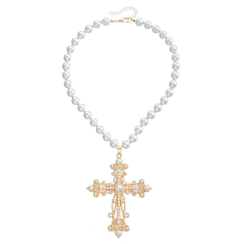 Jewelry Delicate Inlaid Pearl Cross Pendant Necklace Women, Wind Collarbone Chain