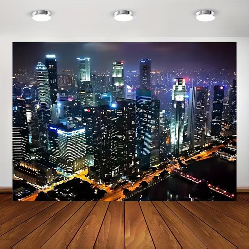 2D Singapore Downtown Night View Tapestry Cityscape Background Cloth for Home Decor 47.2x31.5inch/120*80cm