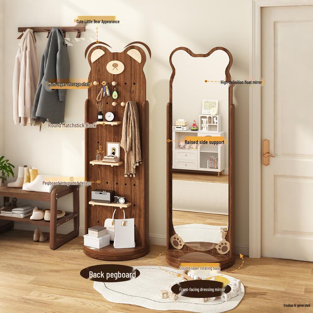 Rotating Pegboard Full-Length Mirror and Clothes Rack - Movable, Retro Floor Standing Dressing Room Mirror