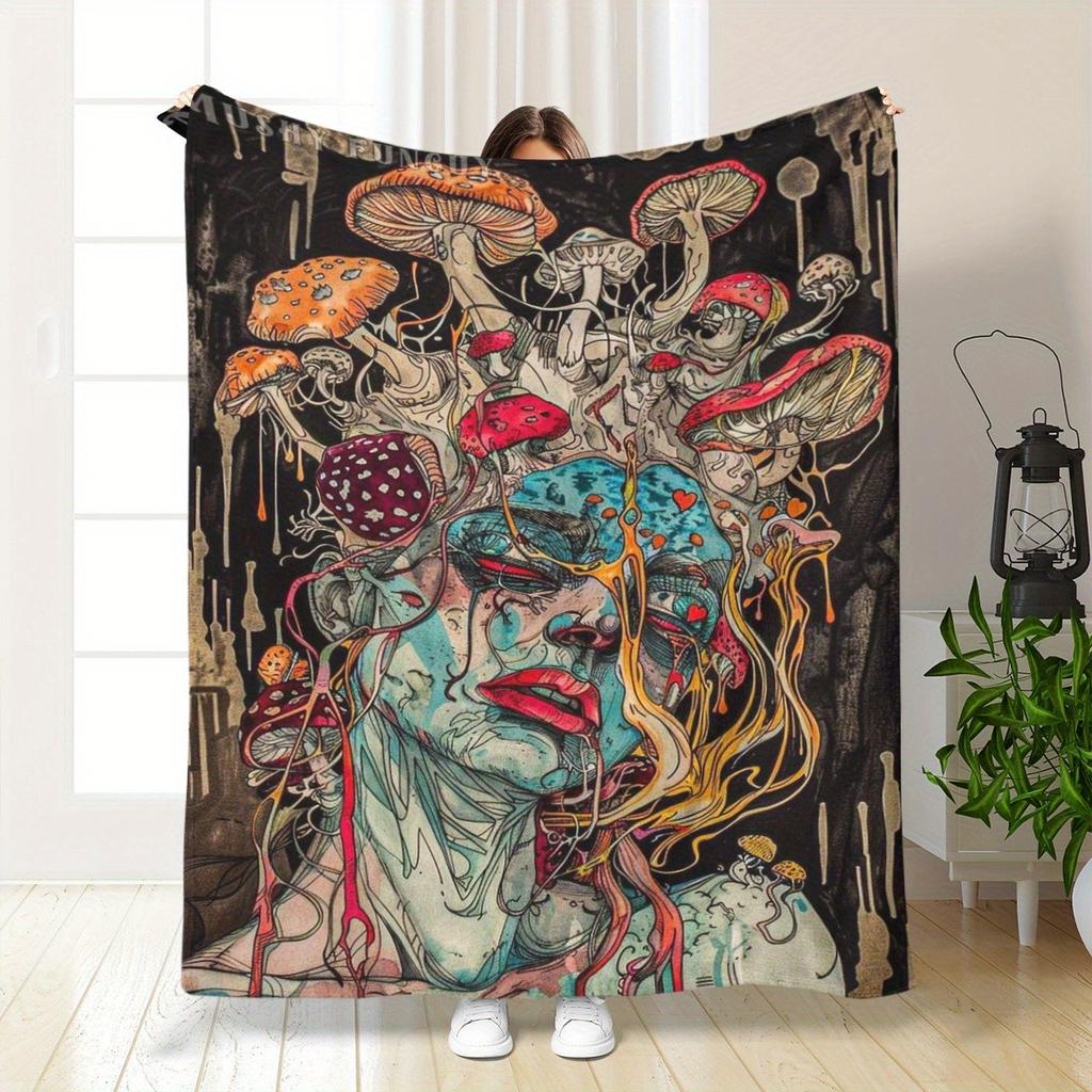 Mushroom-Shaped Pattern Flannel Printed Blanket Suitable For All Seasons Suitable For Living Room Office Sofa And Travel