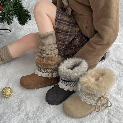 Süße Spitzenverzierung Pelzige Wildleder Schneestiefel Damen 2025 Winter Dicke Sohle Flauschiger Pelz Stiefeletten Warme Plüsch Designer Schuhe
