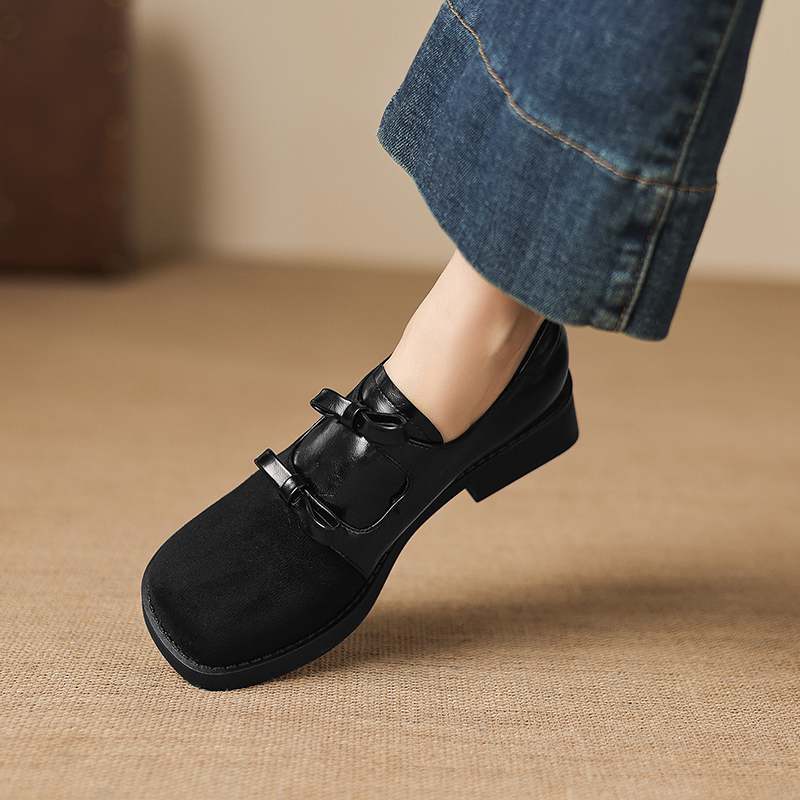 Krazing Pot Flock Round Toe Thick Med Heels Spring Summer Shoes Big Size 43 Size 33 Women Slip on Butterfly-knot Platform Pumps