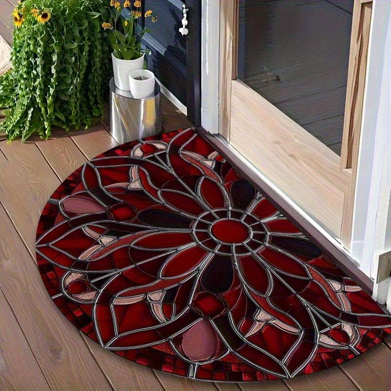 Bloemig Mandala Halfronde Vloerkleed Levendig Rood Oranje Petrol Kleurige Bloemblaadjes Symmetrisch Ontwerp Boho Entree Mat 50x80cm-Felt