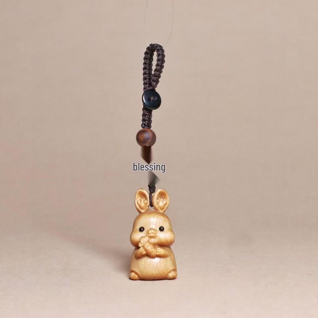 Golden Sandalwood Zodiac Animal Carving Keychain - Solid Wood Cultural Craft