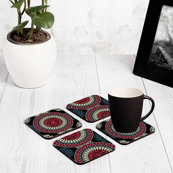 Wooden Drink Coasters Multi Mandala Design Set of 4 Tabletop Square Coasters for Tea Coffee Cups, Mugs, Beer Cans, Bar Glass