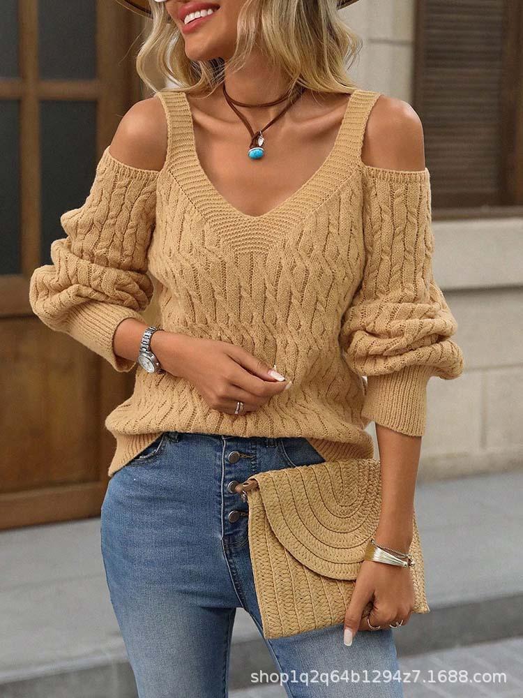 Women's Off-Shoulder Camisole Sweater with 3D Crochet Deep V Cable Knit Design