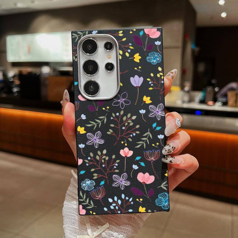 Carcasă pătrată din piele cu textură florală cu model floral pentru Samsung S25 S24 S22 Ultra S23 S21 S20 Fe A55 A54 A53 A52 A35 A15 A16 rezistentă la șocuri moale TPU subțire husă
