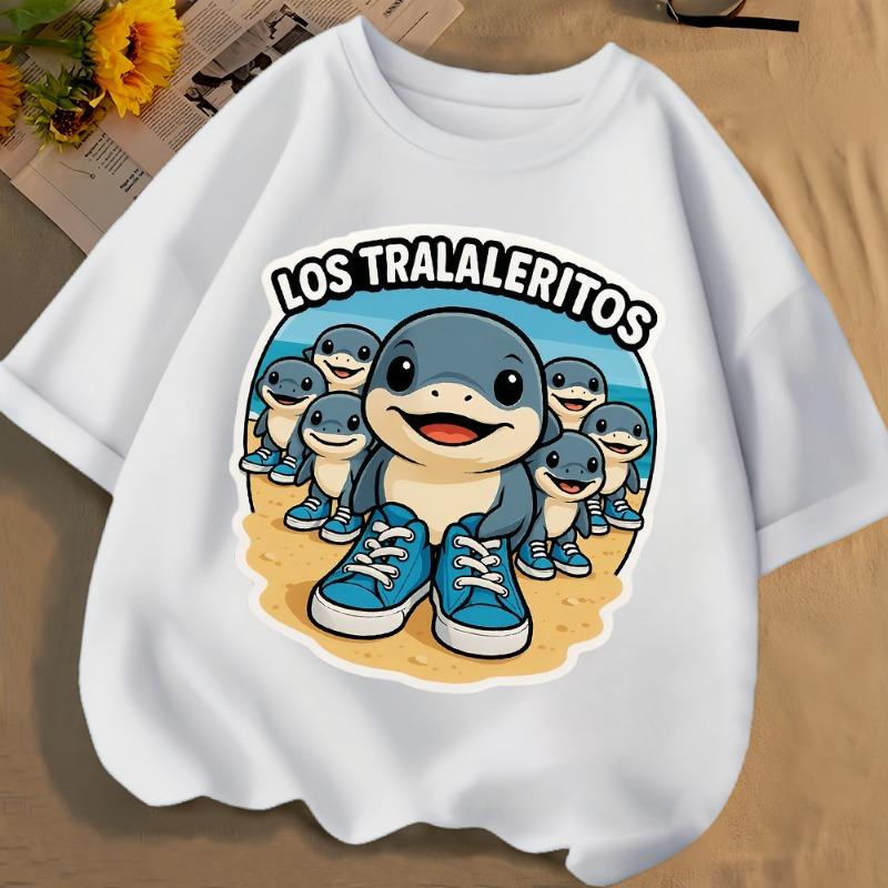 Los Tralaleritos Забавная футболка с мемом Tralalero Tralala для мальчиков и девочек, детская футболка с коротким рукавом, летняя одежда, детская футболка 110