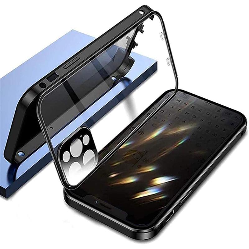 

360°Full Protected Metal Magnetic Anti Peeping Buckle Lock Phone Case For IPhone 15 14 13 12 11 Pro Max Double-Sided Glass Cover for iphone14pro(6.1 )