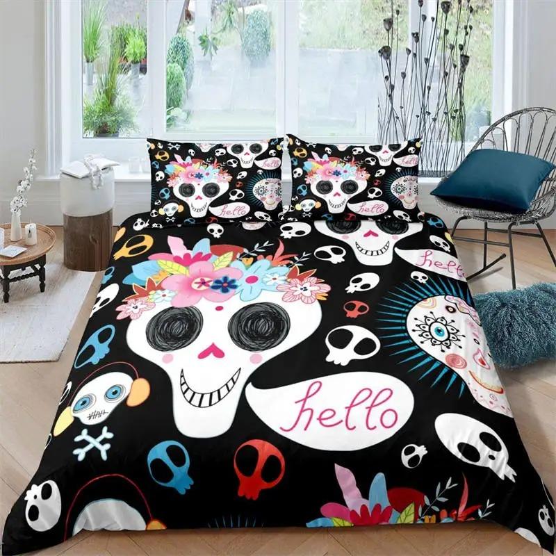 Sugar Skull Duvet Cover Luxury Gothic Skeleton Bedding Set Halloween Theme Floral Comforter Cover Twin Full For Girls Kids Teens