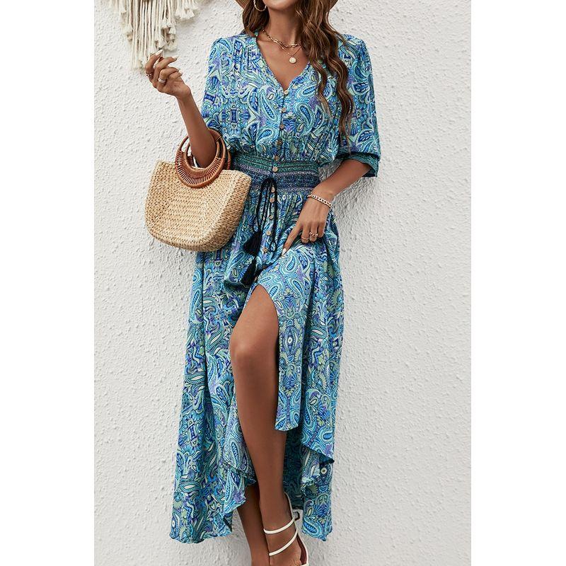 

Fashion Bohemia Vacation Ethnic Print Summer V Neck Tight Waist Cotton Silk 7-Quarter Sleeve Dress Beach Long Skirt Peacock Blue S