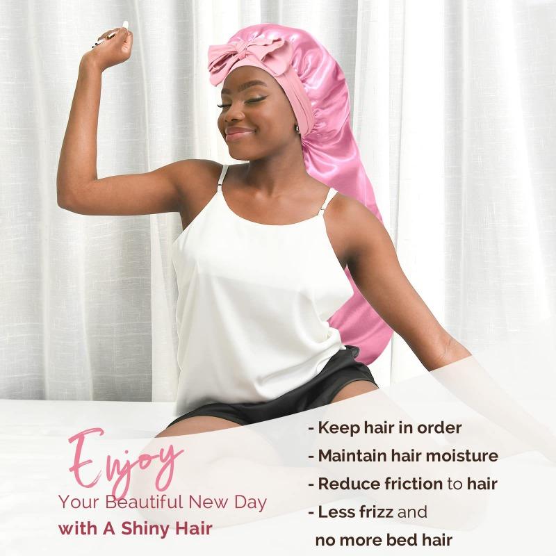 Simulation silk wide edge long tube nightcap, bow streamer long tail high elastic satin hair care cap