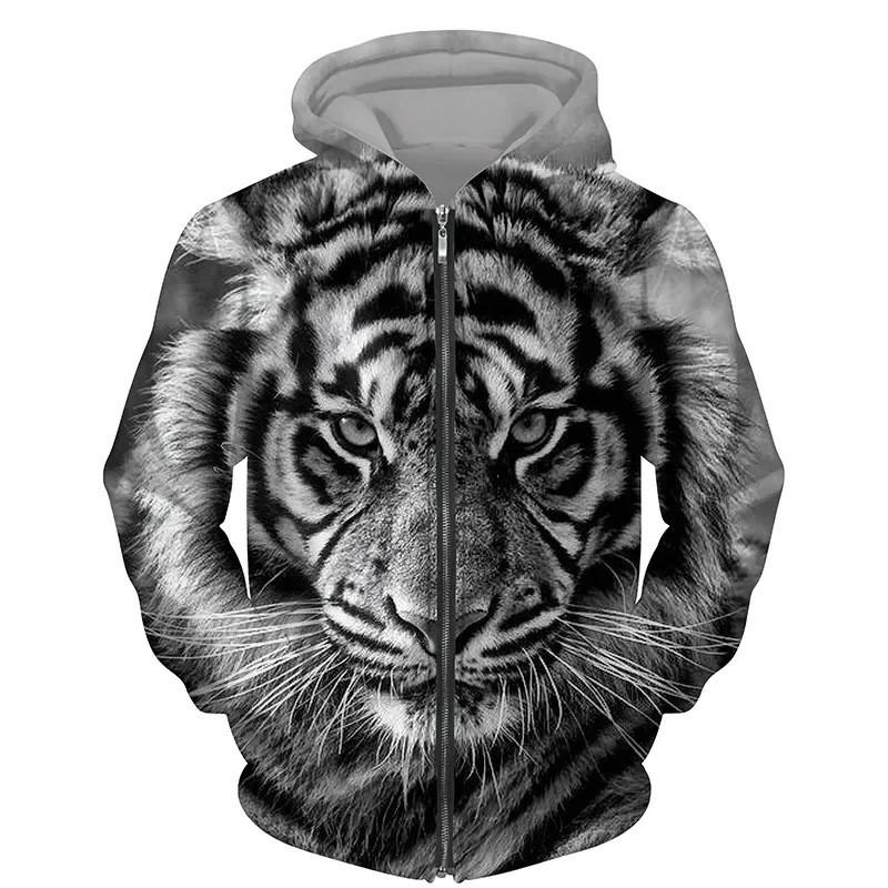 Tiger 3D Print Zip-Up Hoodie Youth Casual Loose Fit Winter Sweatshirt