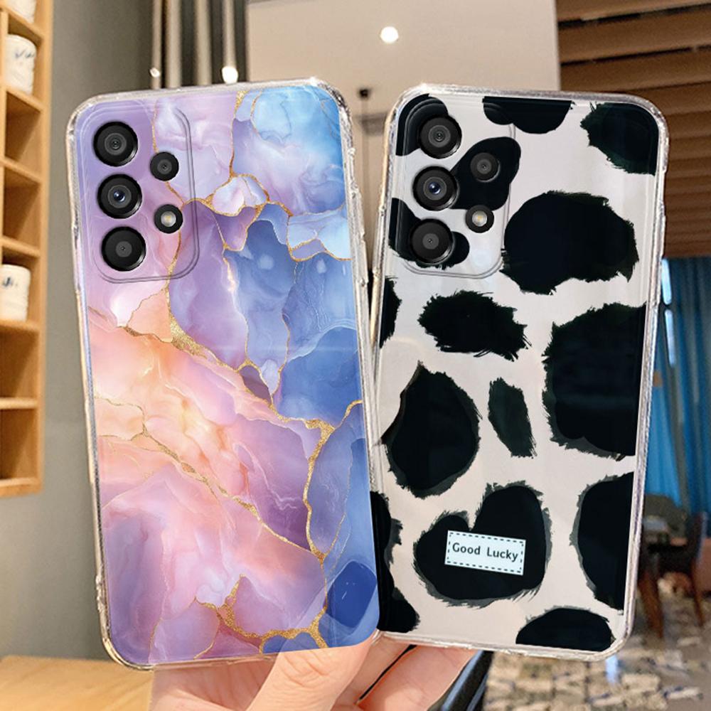 White Leopard Print Transparent Phone Case For Samsung A53 A33 A73 A23 A22 A21S A32 A52 A51 A71 Artistic Pink Marble Clear Cover