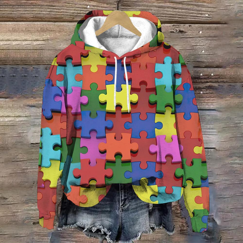 

Смішний візерунок пазла Худі жіночий дизайнерський пуловер без кишень Осінній модний одяг Y2K Повсякденна вільна жіноча толстовка 2XL